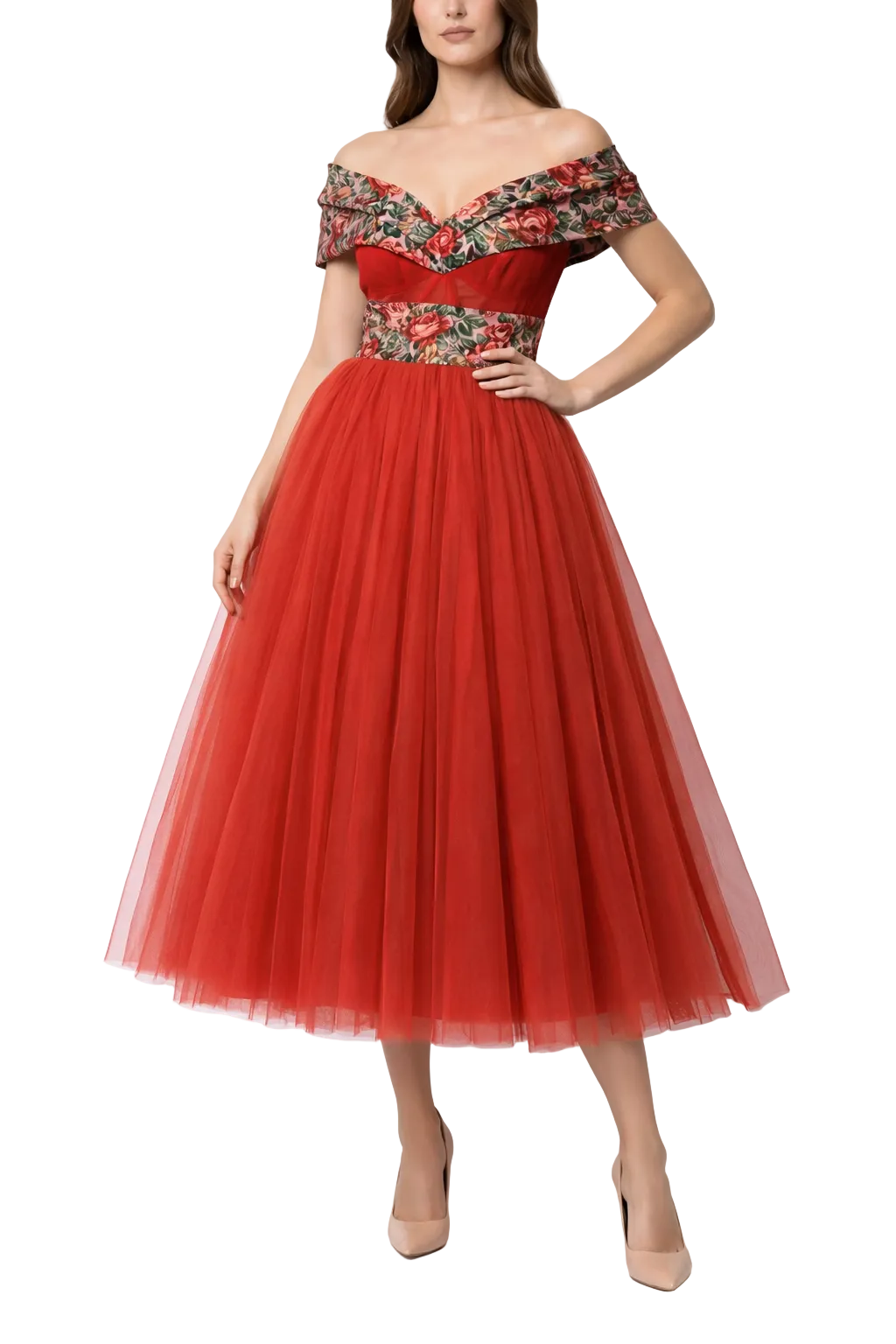 Dolce & Gabbana Red Floral Off Shoulder A-Line Gown Dress