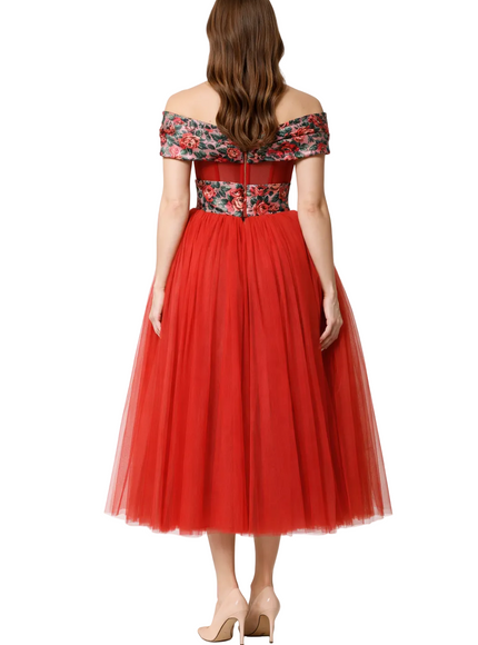 Dolce & Gabbana Red Off-Shoulder A-Line Tulle Dress