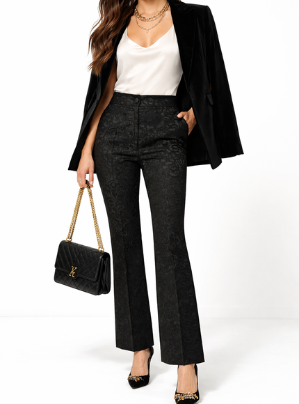 Dolce & Gabbana Black Floral Brocade High-Waisted Pants