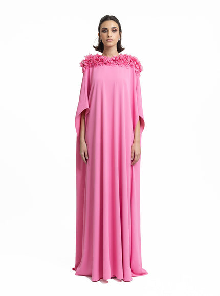 Gemy Maalouf Floral Embellished Neckline Kaftan Pink