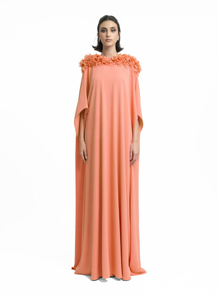 Gemy Maalouf Floral Embellished Neckline Kaftan Orange