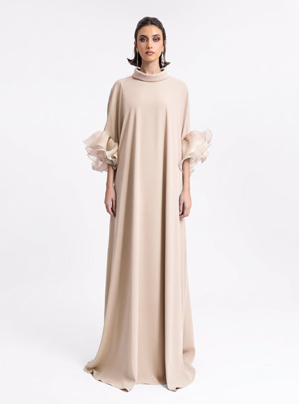 Gemy Maalouf Long Kaftan With Reversed High-Collar Beige