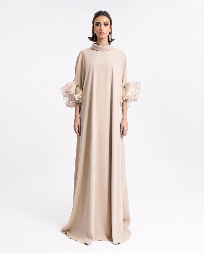 Gemy Maalouf Long Kaftan With Reversed High-Collar Beige