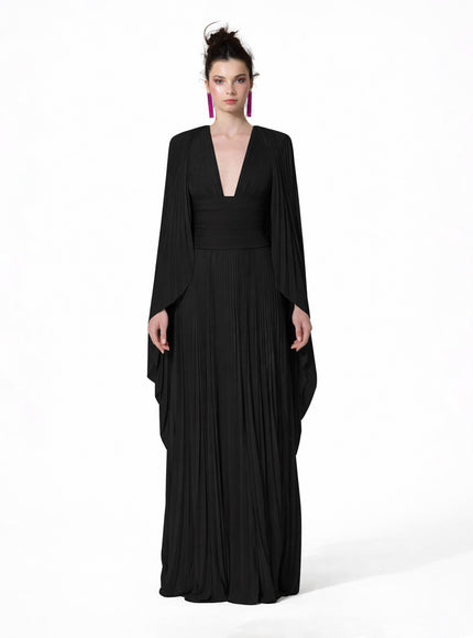 Gemy Maalouf Fully Pleated Black Kaftan With Deep V-Neck