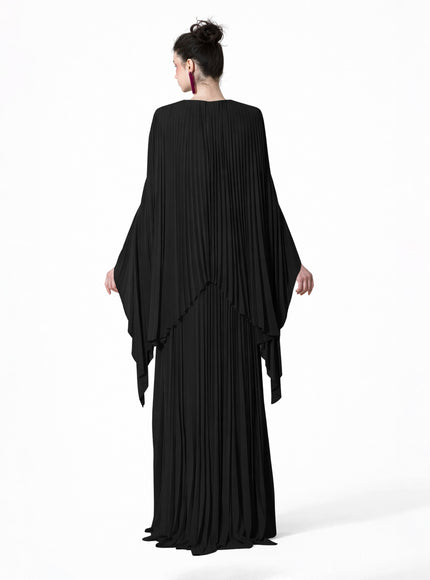 Gemy Maalouf Fully Pleated Black Kaftan With Deep V-Neck