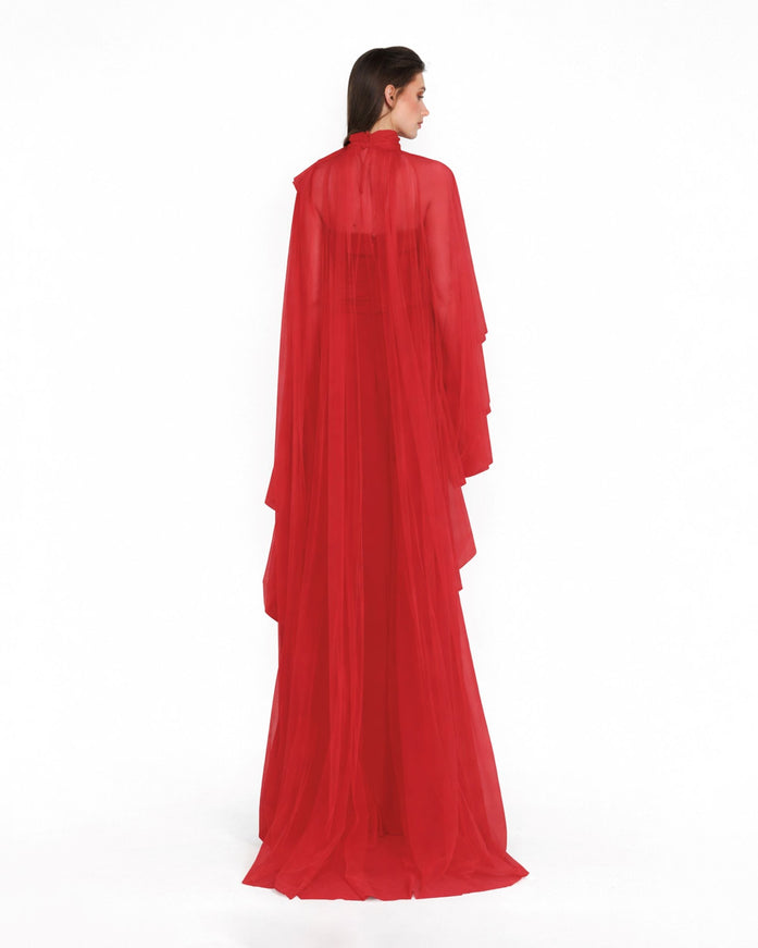 Gemy Maalouf Strapless Slim Cut Red Gown With Cape