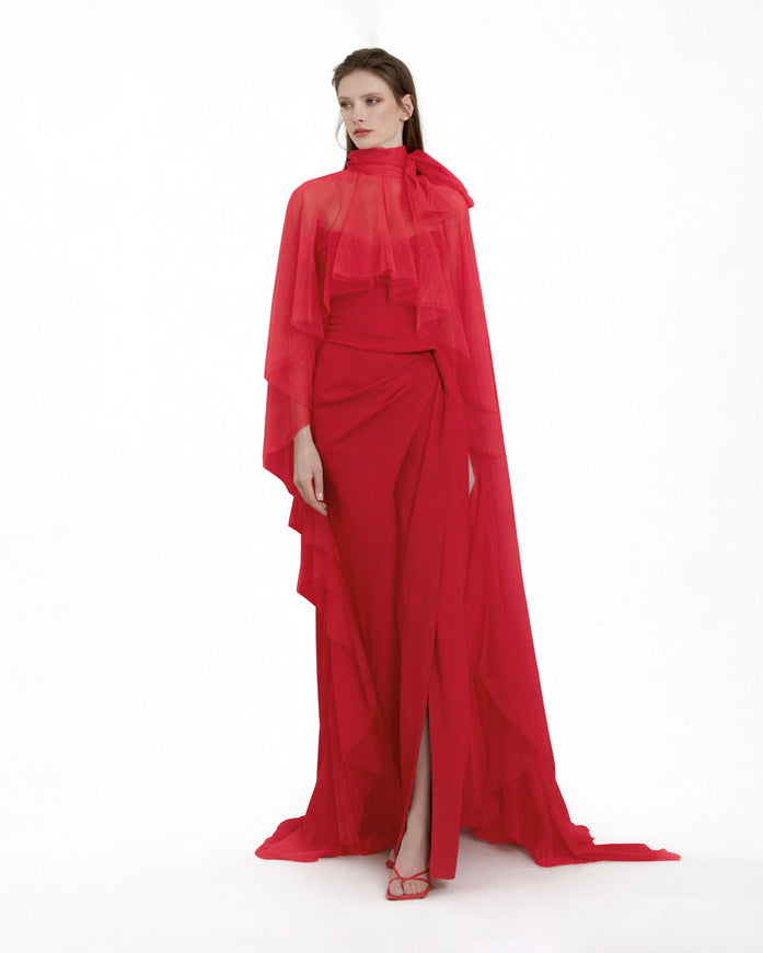 Gemy Maalouf Strapless Slim Cut Red Gown With Cape