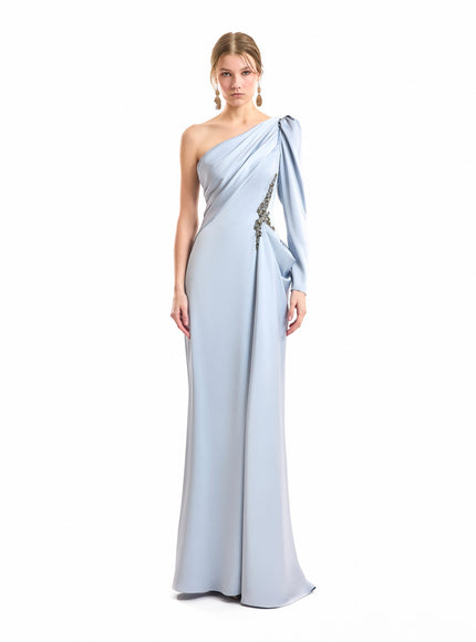 Gemy Maalouf One-Shoulder Satin Gown No. 2177 Light Blue