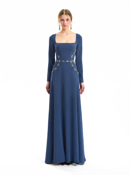 Gemy Maalouf Beaded Waist Gown Blue