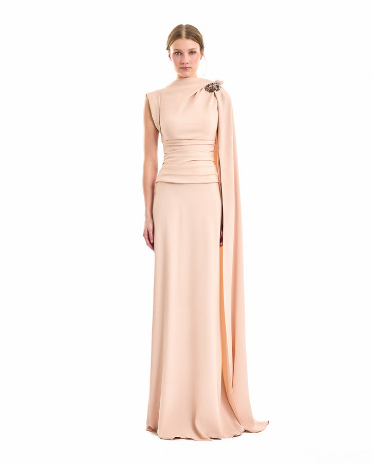 Gemy Maalouf Feathered Shoulder Gown Blush