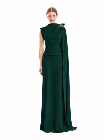 Gemy Maalouf Feathered Shoulder Gown Emerald