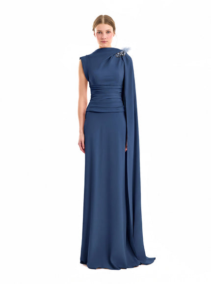 Gemy Maalouf Feathered Shoulder Gown Denim Blue