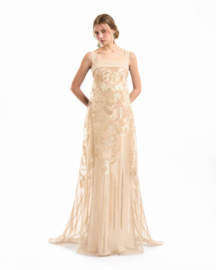 Gemy Maalouf Sheer Overlay Gown Champagne