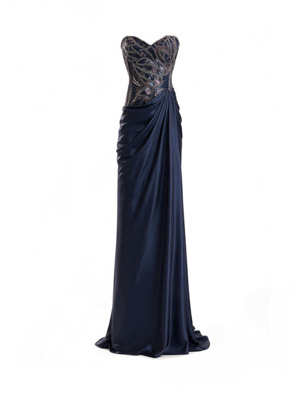 Gemy Maalouf Sweetheart Beaded Gown in Navy Blue