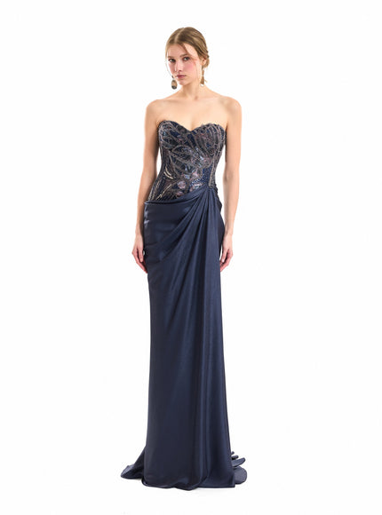 Gemy Maalouf Sweetheart Beaded Gown in Navy Blue