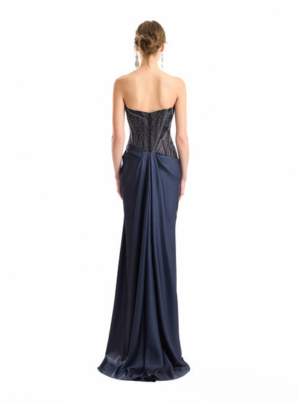 Gemy Maalouf Sweetheart Beaded Gown in Navy Blue