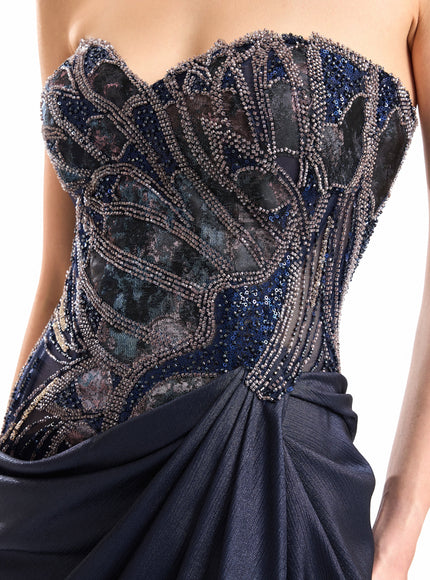 Gemy Maalouf Sweetheart Beaded Gown in Navy Blue