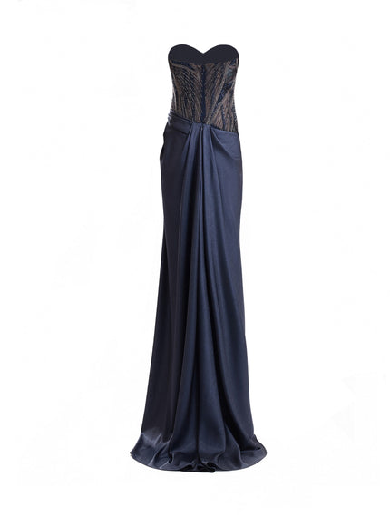 Gemy Maalouf Sweetheart Beaded Gown in Navy Blue