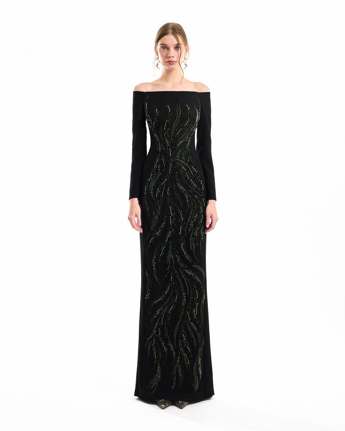 Gemy Maalouf Off-Shoulder Beaded Gown Black