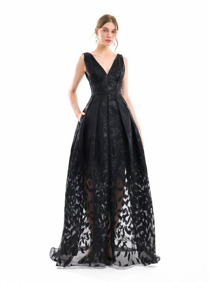Gemy Maalouf V-Neck Jacquard Gown Black
