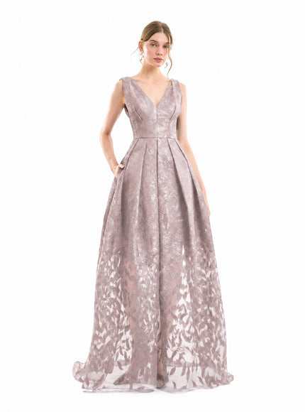 Gemy Maalouf V-Neck Jacquard Gown Dusty Pink