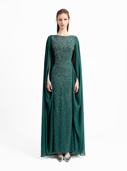 Gemy Maalouf Beaded Round-Neckline Gown Green