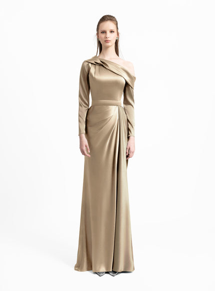 Gemy Maalouf Gold Asymmetrical Draped Neckline Gown