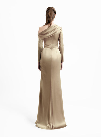 Gemy Maalouf Gold Asymmetrical Draped Neckline Gown