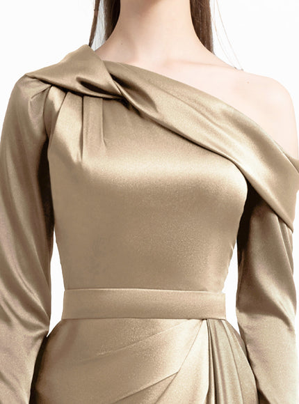 Gemy Maalouf Gold Asymmetrical Draped Neckline Gown