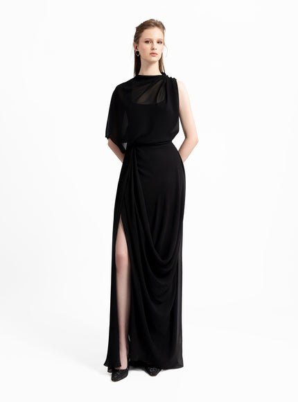 Gemy Maalouf Asymmetrical Draped Gown No. 1856 Black