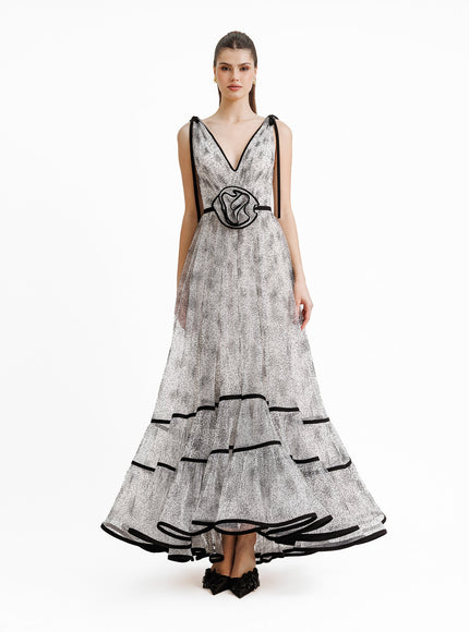 Gemy Maalouf Flower At The Waist V-Neckline Gown