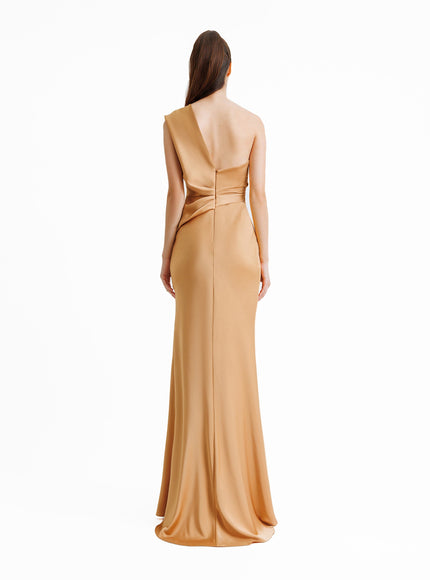 Gemy Maalouf One-Shoulder Draped Gown No. 1936 Brown