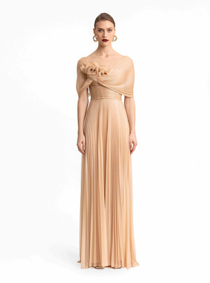 Gemy Maalouf Asymmetrical Draped Neckline Gown No. 2071 Beige