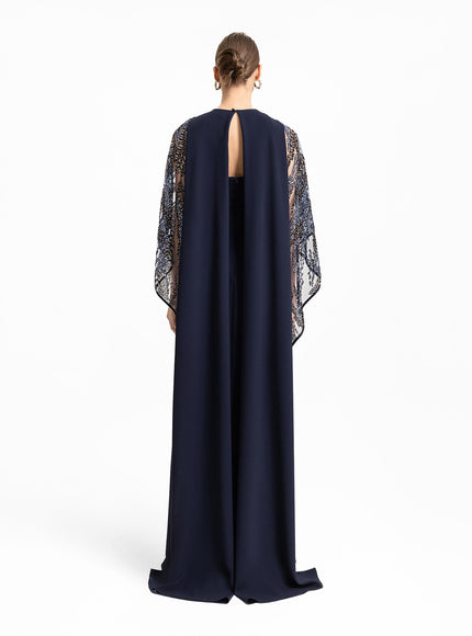 Gemy Maalouf Beaded Sheer Cape Gown