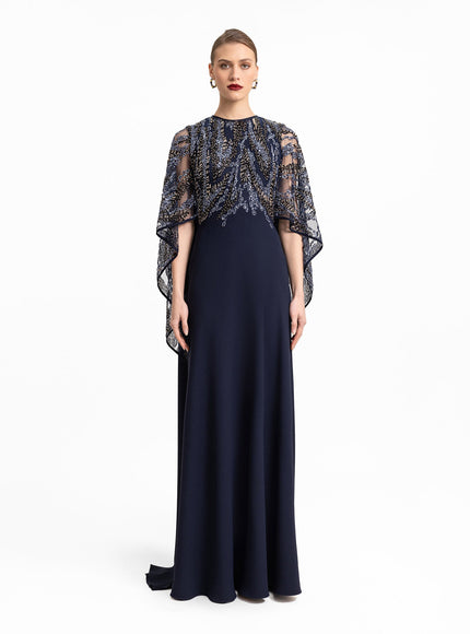 Gemy Maalouf Beaded Sheer Cape Gown