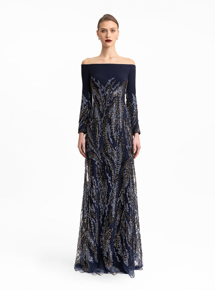 Gemy Maalouf Long Sleeves Beaded Gown Blue