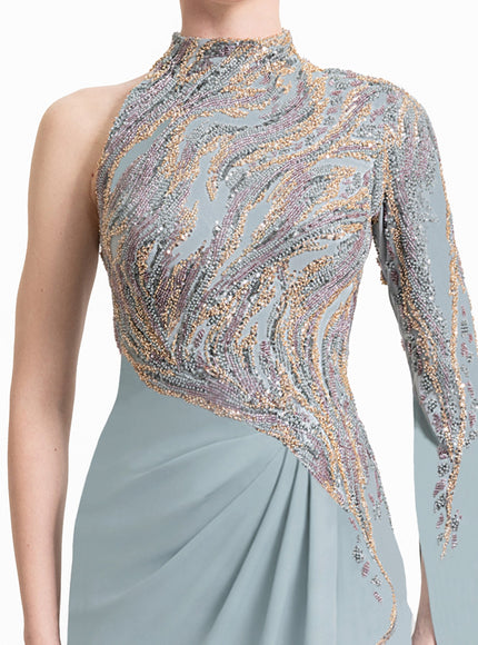 Gemy Maalouf Floor-Length Sleeve Asymmetrical Gown
