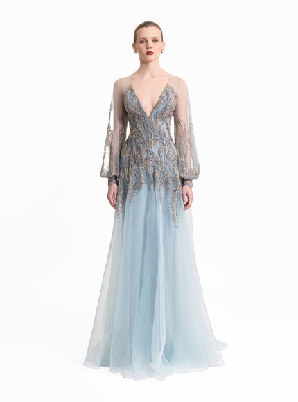 Gemy Maalouf Beaded Sheer Sleeves Gown Teal