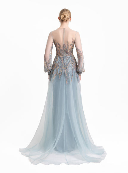 Gemy Maalouf Beaded Sheer Sleeves Gown