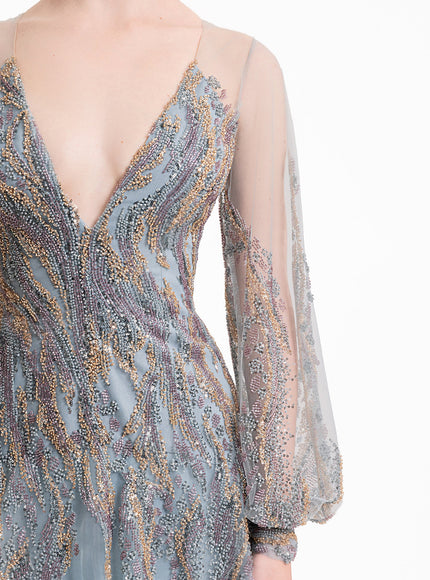 Gemy Maalouf Beaded Sheer Sleeves Gown