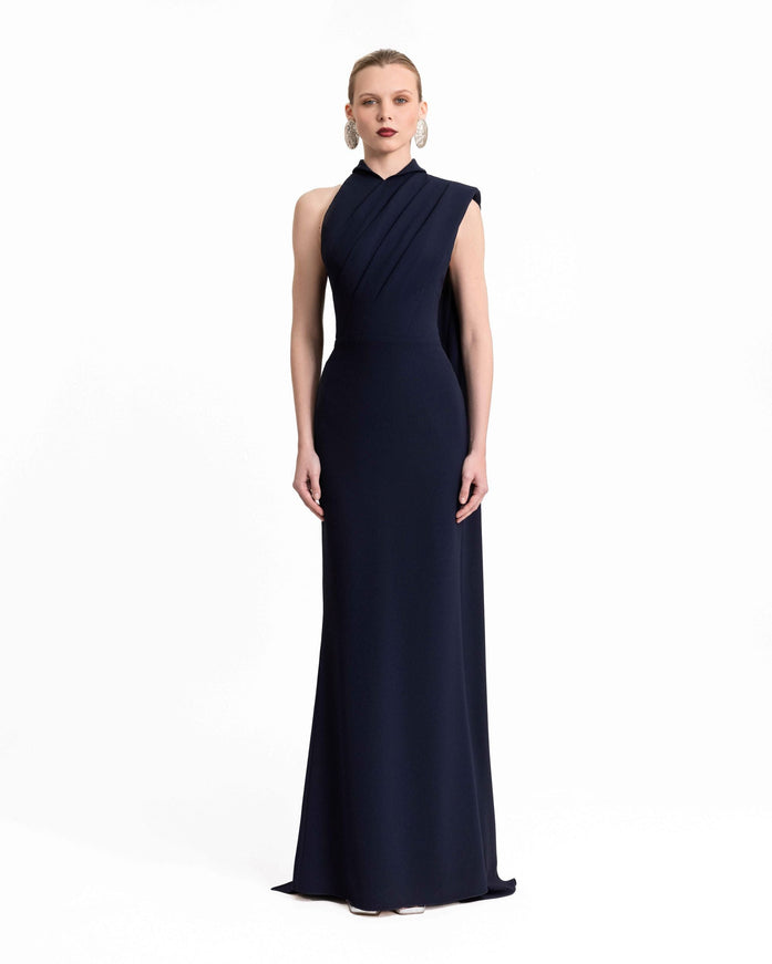 Gemy Maalouf Padded Shoulder Gown With Cape Blue