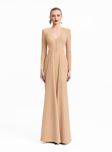 Gemy Maalouf Button-Down Neckline Gown Beige