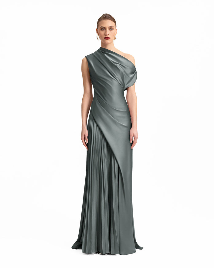 Gemy Maalouf Asymmetrical Plissé Under-Skirt Gown Sage