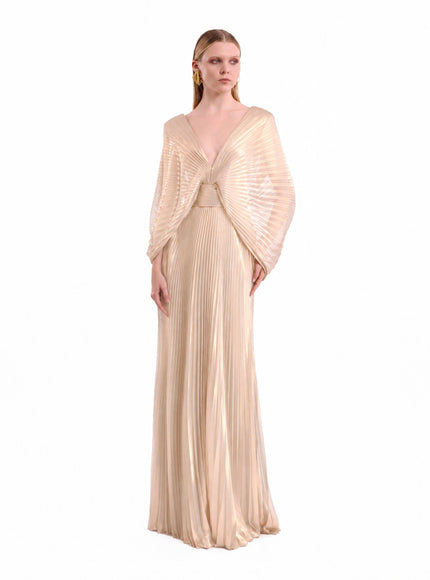 Gemy Maalouf V-Neck Batwing Gown Light Gold