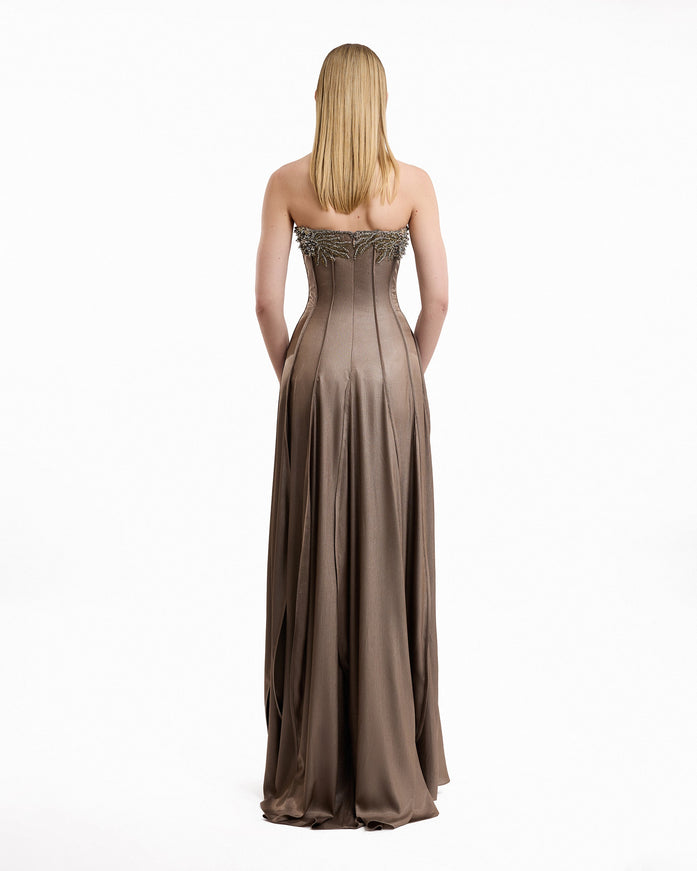 Gemy Maalouf Asymmetric Beaded Strapless Gown