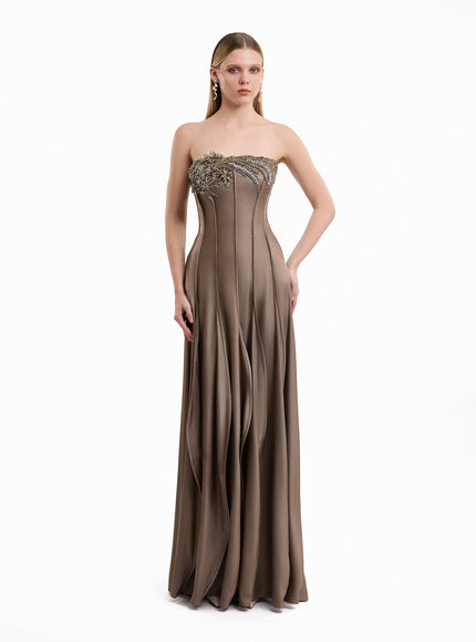 Gemy Maalouf Asymmetric Beaded Strapless Gown - front