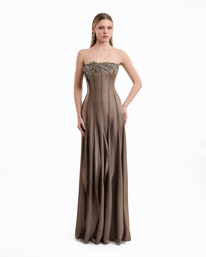 Gemy Maalouf Asymmetric Beaded Strapless Gown Taupe