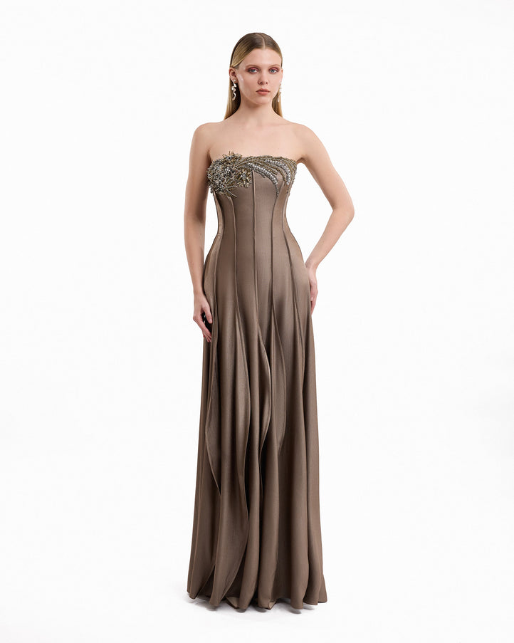 Gemy Maalouf Asymmetric Beaded Strapless Gown Taupe