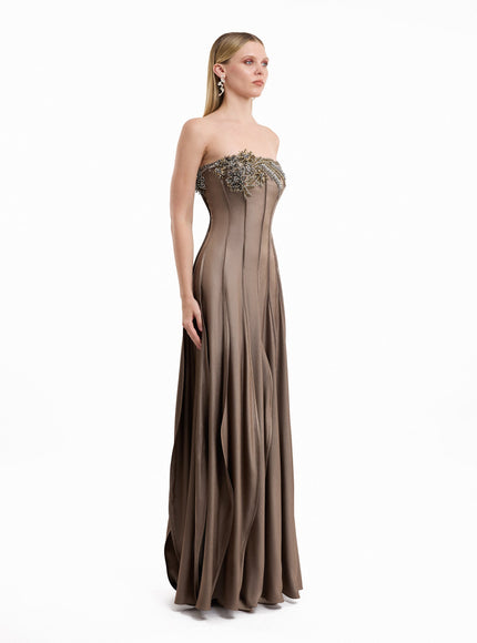 Gemy Maalouf Asymmetric Beaded Strapless Gown - front alternate