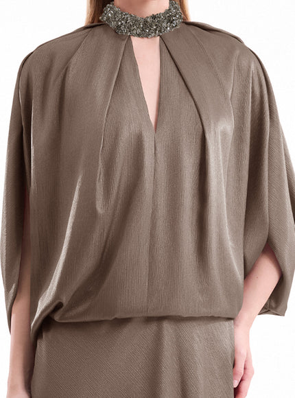Gemy Maalouf Keyhole Batwing Gown Taupe